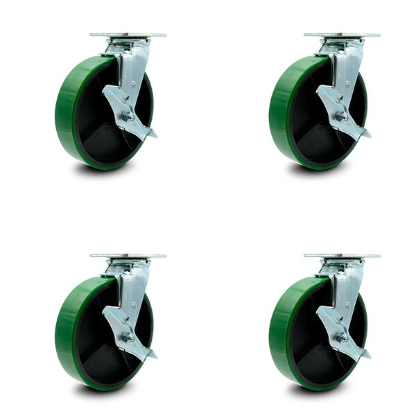 Service Caster 8 Inch Green Poly on Steel Caster Set with Ball Bearings and Brake/Swivel Lock SCC-30CS820-PUB-GB-TLB-BSL-4 - main